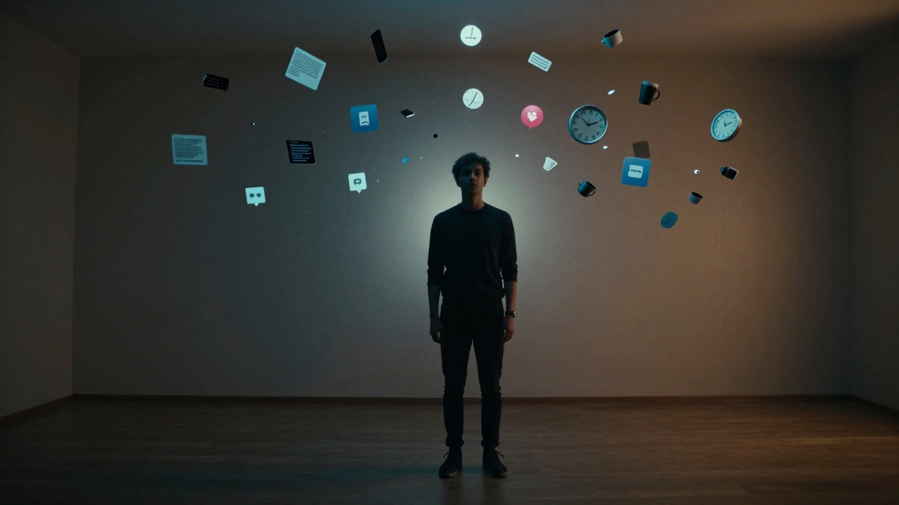 A speaker surrounded by floating digital distractions in a dim room, calm amid chaos.