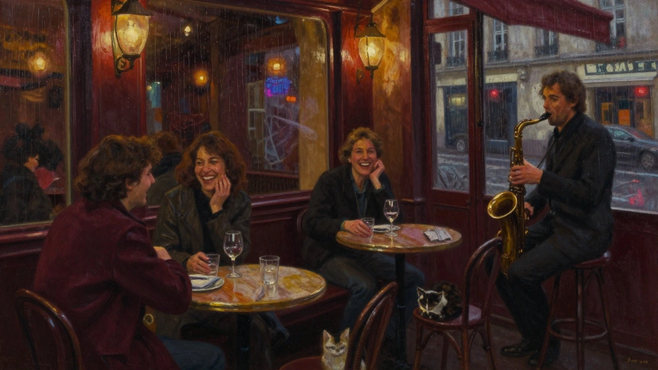 Cozy Parisian café at night with friends laughing, a saxophonist playing, and rain on the windows.