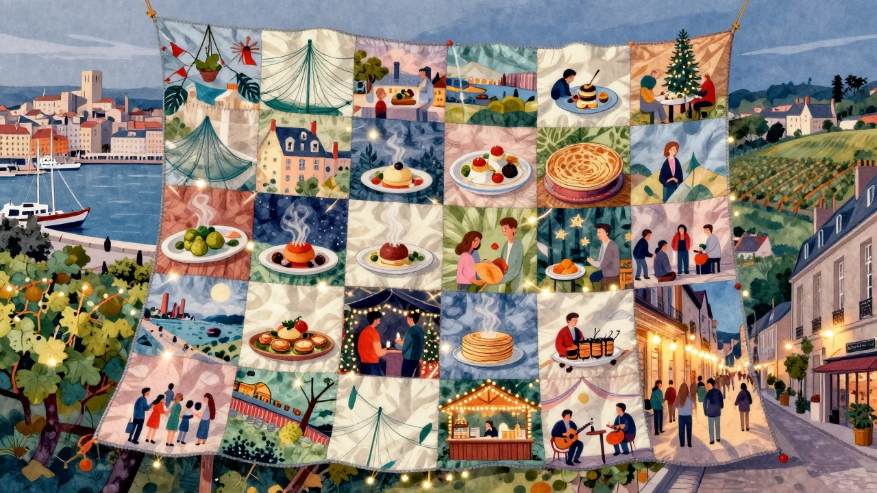 Symbolic patchwork quilt representing France’s diverse regions, connected by glowing threads of culture.