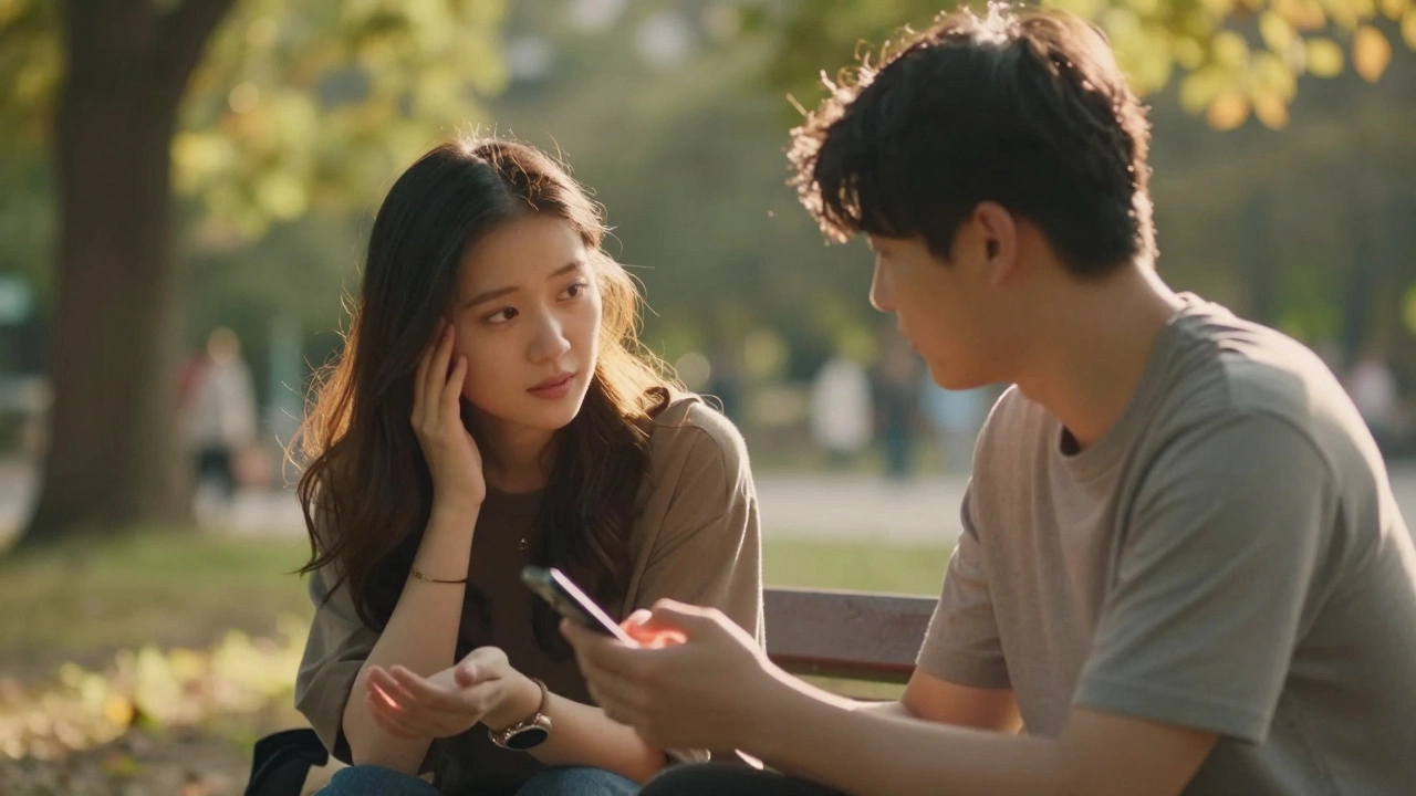 Two people in a park, one lowering their phone as eye contact is made at golden hour.